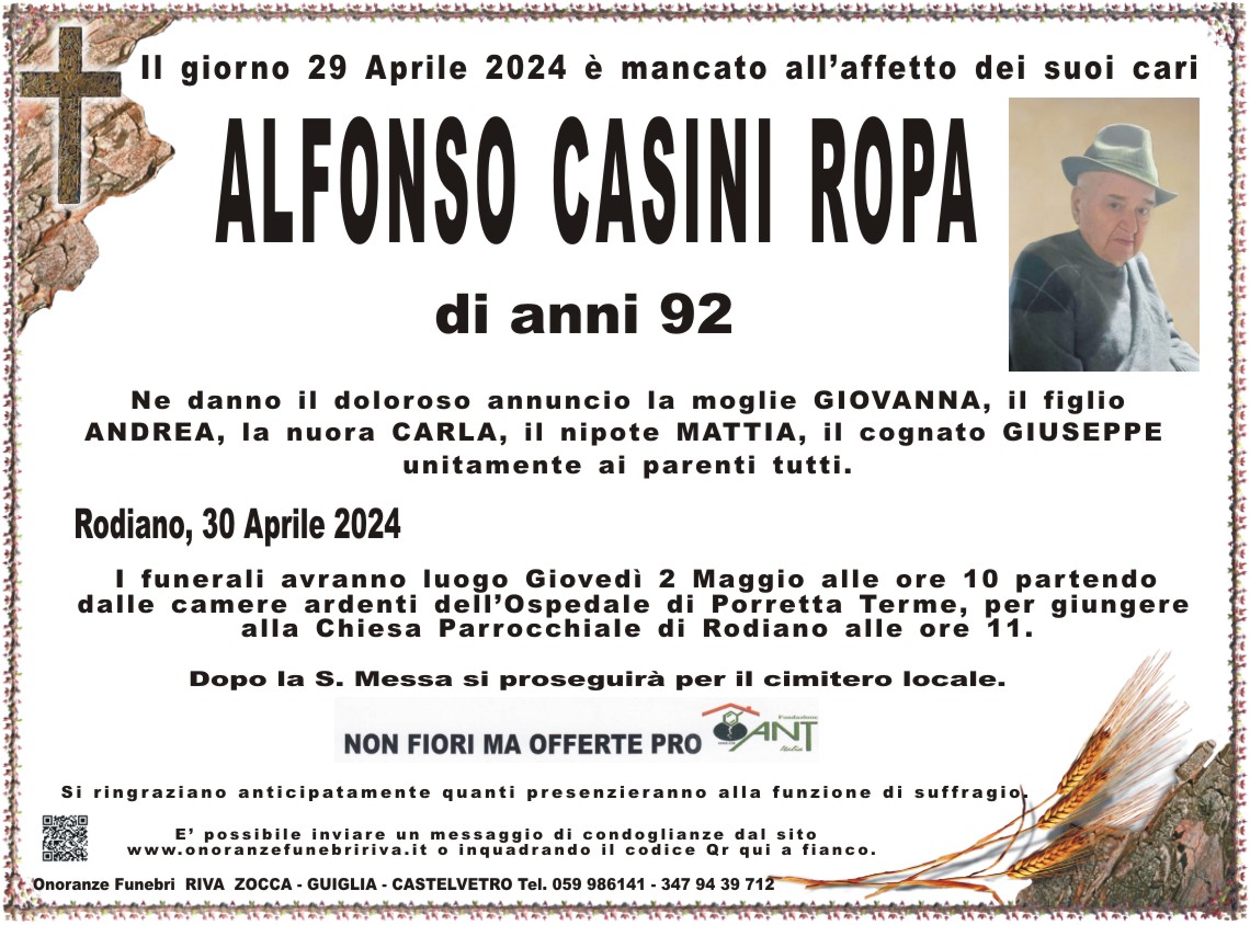 Ci ha lasciato Alfonso Casini Ropa